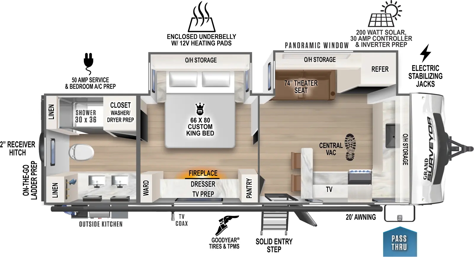 The 268FKBS has one entry and two slideouts. Exterior features pass thru storage, solid entry step, an outside kitchen, TV coax, 20 foot awning, Goodyear tires and TPMS, on-the-go-ladder prep, 2 inch receiver hitch, 50 amp service, bedroom A/C prep, enclosed underbelly with 12 volt heating pads, 200 watt solar with 30 amp controller and inverter prep, and electric stabilizing jacks. Interior layout from front to back: front kitchen counter with sink and overhead cabinets wrap to door side with TV, and wraps to peninsula counter with seating, and entry door; off-door side slideout with refrigerator, theater seating with overhead storage, and panoramic window; mid bedroom with off-door custom king bed slideout with overhead storage, and door side dresser with TV prep, fireplace, and pantry on one side and wardrobe on the other; rear full bathroom with dual sinks, two linen closets, and closet with washer/dryer prep. This RV has central vacuum.